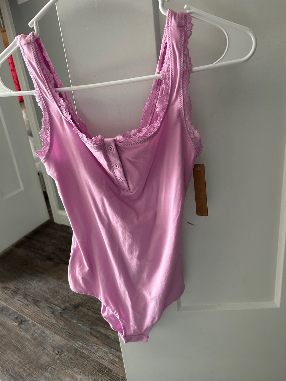 SKIMS Pink Lace-Trim Henley Bodysuit